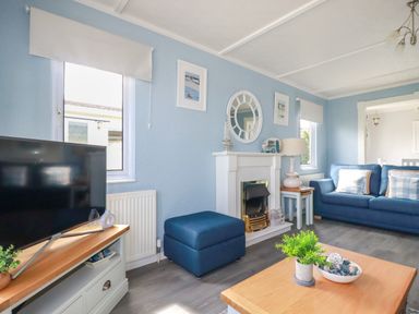A living room with a blue sofa a fireplace a television and a wooden coffee table at Lowen Lodge in St Merryn near Padstow