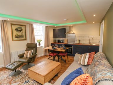 An open plan living room and kitchen with armchair sofa dining table and kitchen appliances at Picadore Two in Scarborough