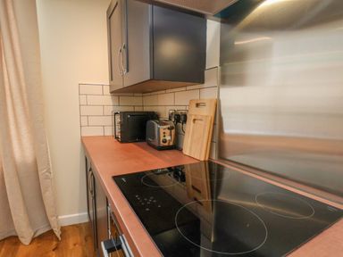 A kitchen countertop with a stovetop toaster microwave and wooden cutting board at Picadore Two in Scarborough