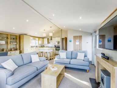 A living room with sofas and a coffee table at Lodge 58 at Riviera Bay Coastal Retreat in Brixham