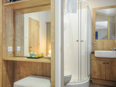 A bathroom with a shower enclosure sink with mirror and wooden vanity and a wooden dressing table with toiletries at Lodge 59 at Riviera Bay Coastal Retreat in Brixham