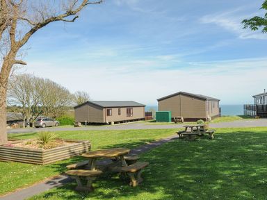 A grassy outdoor area with wooden picnic tables and mobile homes overlooking the sea at Lodge 62 at Riviera Bay Coastal Retreat in Brixham