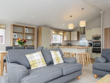 An open plan living room and kitchen with grey sofas yellow checked cushions wooden dining table and shelves at Lodge 68 at Riviera Bay Coastal Retreat in Brixham