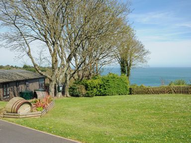 A garden with trees a wooden fence and a view of the sea at Lodge 68 at Riviera Bay Coastal Retreat in Brixham