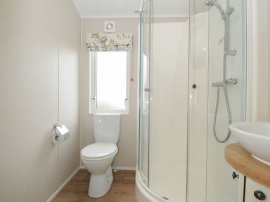 A bathroom with a toilet a shower with glass doors and a sink on a wooden countertop at Lodge 70 at Riviera Bay Coastal Retreat in Brixham