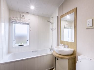 A bathroom with a bathtub, sink, and shower at Lodge 73 at Riviera Bay Coastal Retreat Brixham