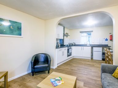 A kitchen with a fridge and oven at Chalet 15 at Landscove Holiday Park Brixham