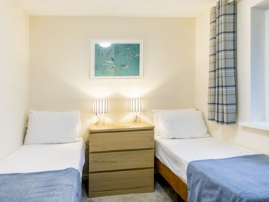 A bedroom with two single beds and a bedside table at Chalet 38 at Landscove Holiday Park Brixham