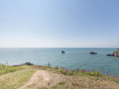 A coastal scene with a path leading to the ocean at Lodge 15 at Landscove Holiday Park Brixham