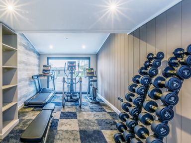 A gym with exercise equipment at Lodge 15 at Landscove Holiday Park Brixham