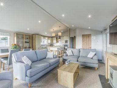 A living room with sofas and a dining area at Lodge 9 at Landscove Holiday Park Brixham
