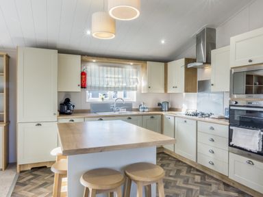 A kitchen with a stove and sink at Lodge 9 at Landscove Holiday Park Brixham