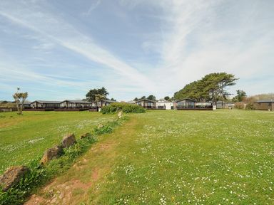A grassy field with a dirt path and several lodges in the background at Lodge 11 at Landscove Holiday Park in Brixham