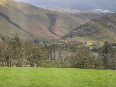 A green field with trees and hills in the background at Ullswater View Apartment in Ullswater