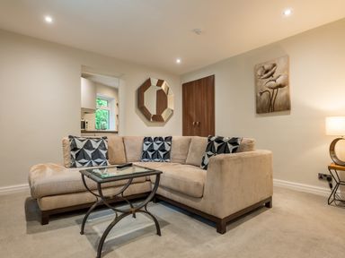 A living room with a beige sectional sofa black and white patterned cushions a glass coffee table a wall mirror a painting and a lamp at Ullswater View Apartment in Ullswater