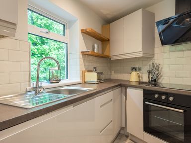 A kitchen with a sink under a window a toaster a kettle a knife set and an oven at Ullswater View Apartment Ullswater