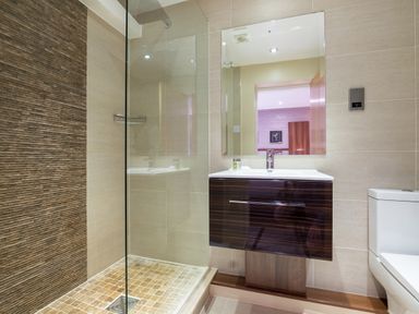 A bathroom with a glass shower enclosure a wall-mounted sink with a mirror above and a toilet at Ullswater View Apartment in Ullswater