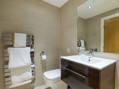 A bathroom with a toilet a sink with cabinet a large mirror and a towel rack with white towels at Ullswater View Apartment in Ullswater
