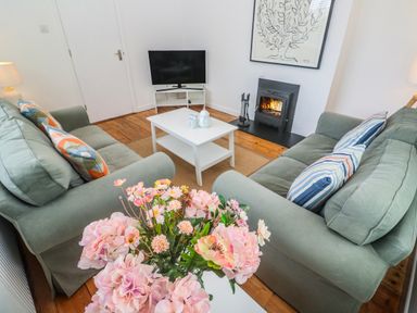 A living room with a fireplace and a TV at Bod A Quinte in Carbis Bay