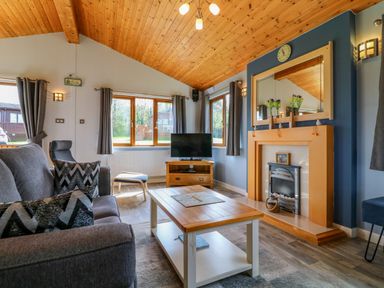 A living room with a grey sofa and cushions a wooden coffee table a TV on a wooden stand and a fireplace with a mirror above at 3 The Glade in St Minver Rock
