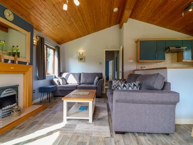 A living room with grey sofas a wooden coffee table and a fireplace at 3 The Glade in St Minver Rock