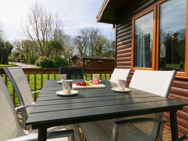 An outdoor patio with a black table set with cups and plates chairs around it at 3 The Glade in St Minver Rock