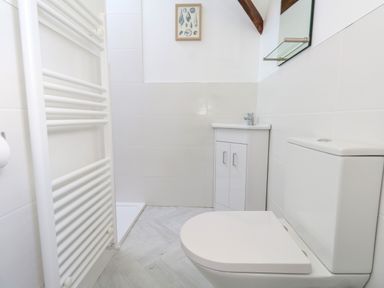 A bathroom with a toilet a small sink cabinet a towel radiator and a shower area at Splash in Weymouth