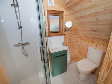 A bathroom with a shower enclosure sink with green cabinet toilet and wooden walls at Glamping Pod 3 Harmony in Lebberston