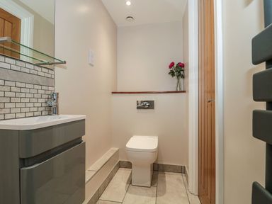 A small bathroom with a toilet a gray sink cabinet a wooden door and flowers in a vase on a shelf at Metcalfe House in Compton Dundon
