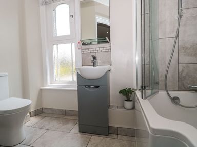 A bathroom with a toilet sink shower bathtub and a small plant at Metcalfe House in Compton Dundon