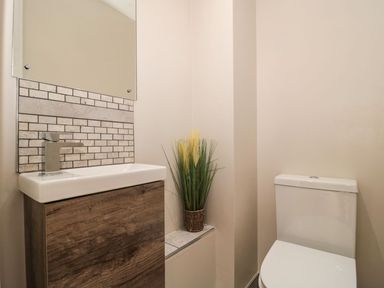 A small bathroom with a white toilet wooden sink cabinet and a plant at Metcalfe House in Compton Dundon