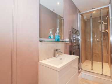 A bathroom with a sink cabinet soap dispenser mirror glass shelf towel radiator and enclosed shower at Metcalfe House in Compton Dundon