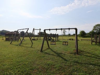 An outdoor playground with swings and a playground structure at Metcalfe House in Compton Dundon