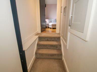 A carpeted staircase leading to a living room with a sofa at Timberdyne in Brimfield near Woofferton