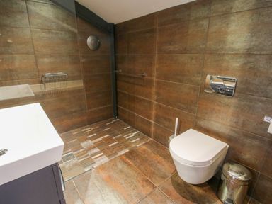 A bathroom with a wall-mounted toilet a shower area with glass partition and a sink at Timberdyne in Brimfield near Woofferton