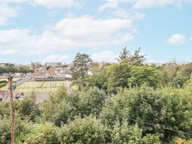 A view of sports courts surrounded by trees and houses in the background at Gwynfa in Barmouth