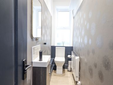 A narrow bathroom with a white toilet a small sink a wall mirror and a radiator at Gwynfa in Barmouth
