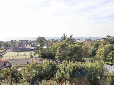 A sports court and trees with houses and sea in the background at Gwynfa in Barmouth
