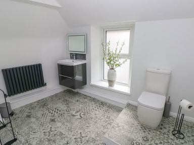 A bathroom with patterned tile floor a wall-mounted sink a toilet a black radiator and a window with a vase of flowers at Suffolk House in Narberth