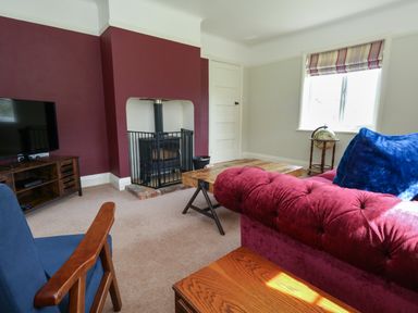 A living room with a fireplace TV sofa armchair coffee table and globe at Rempstone Farmhouse in Corfe Castle
