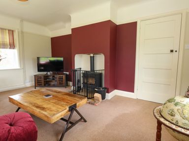 A living room with a wooden coffee table a television on a stand a wood stove with a safety gate and a globe at Rempstone Farmhouse in Corfe Castle