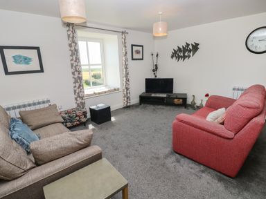 A living room with a beige sofa a red armchair a television on a black stand and a window with patterned curtains at Grassholm View in Solva