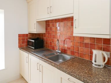 A kitchen countertop with a sink toaster and microwave with red tiled backsplash at Grassholm View in Solva