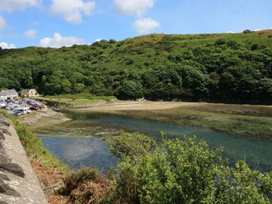 A coastal inlet with green hills trees and parked cars at Grassholm View in Solva