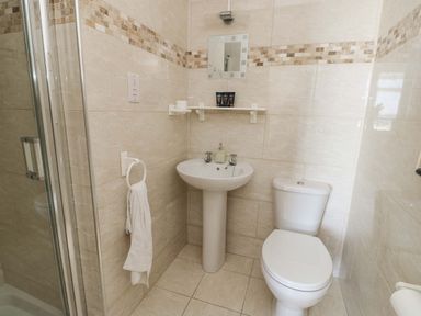 A bathroom with a shower cubicle sink toilet towel ring and a small shelf with toiletries at Bethan Apartment in Trearddur Bay