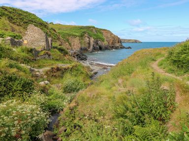A coastal path with green vegetation and a ruined stone building near the sea at Llain Gwynfor in St Davids