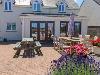 A patio with wooden picnic table and chairs with umbrella outside a house with double glass doors and flower pots at Llain Gwynfor in St Davids
