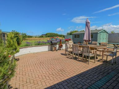 An outdoor patio with a wooden dining table and chairs a grill a green shed and plants at Llain Gwynfor in St Davids