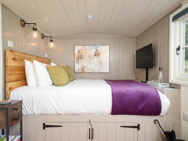 A bedroom with a wooden bed frame white bedding green pillows purple blanket wall art and a mounted television at Collen in Aberaeron
