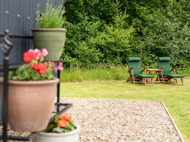A garden with two green cushioned wooden lounge chairs and a small wooden table on grass near bushes with flower pots on a metal rack next to gravel at Bedwen in Aberaeron